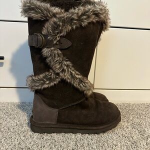 Tall Brown Winter Bearpaw Boots with Faux Fur Trim
